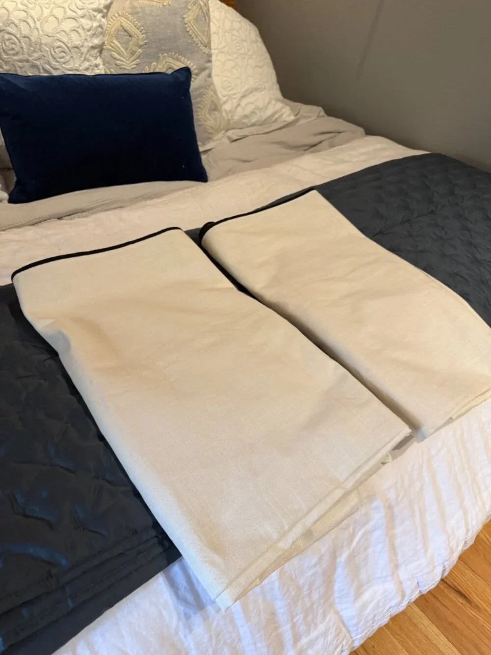 NWOT Piped Edge Cotton Cream and Black Curtain Panel - TWO PANELS 48